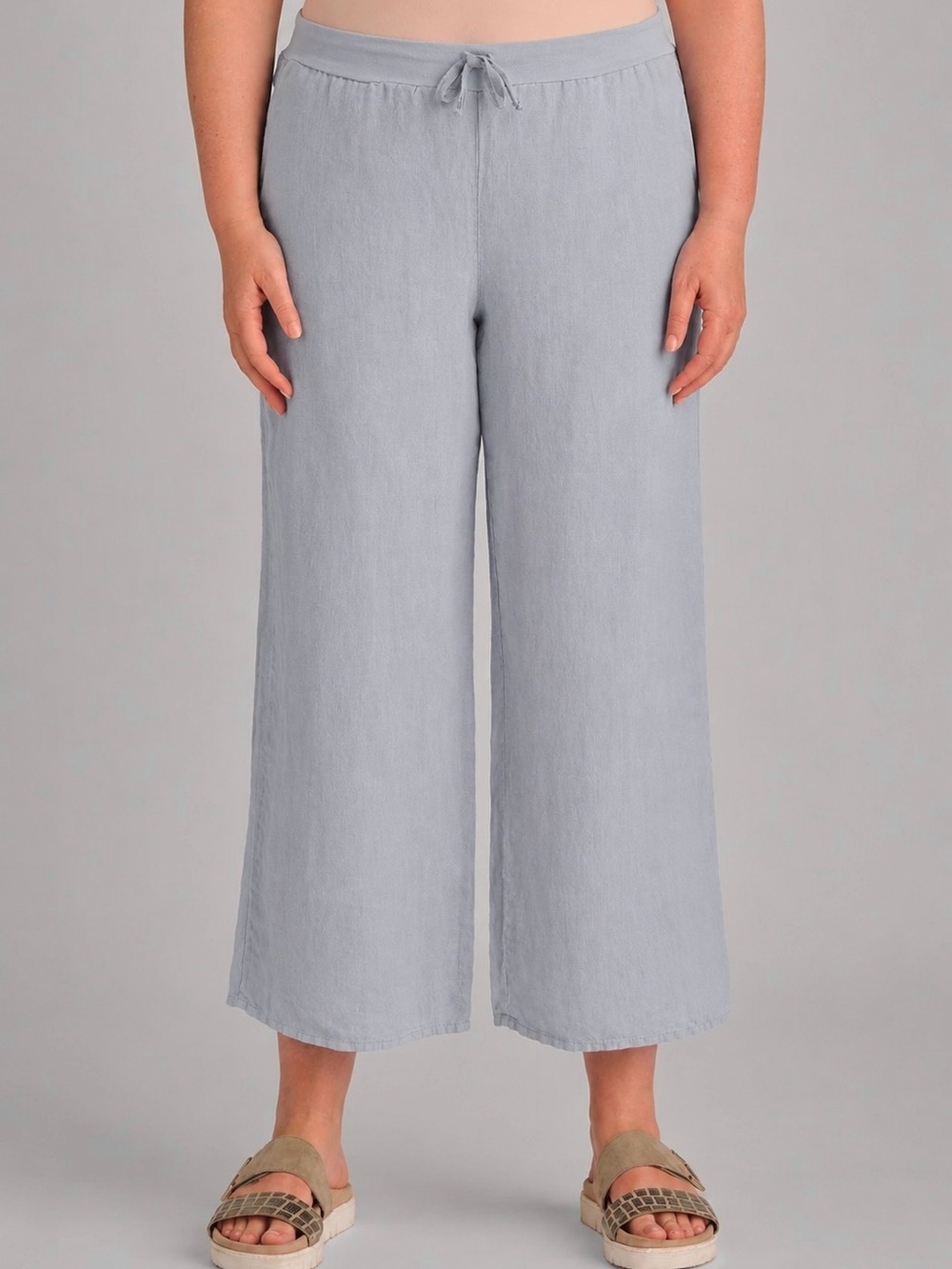 Flax 100% Linen Cropped Wide Leg Drawstring Pants - Light Gray Size S